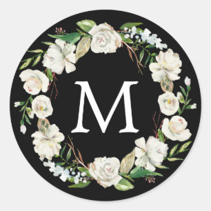 Monogram Watercolor Black White Floral Wreath Classic Round Sticker