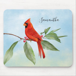 Monogram Watercolor Blue Green Red Cardinal Bird Mouse Pad