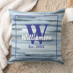 Monogram watercolor blue grey stripes nautical  cushion