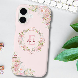 Monogram Watercolor Blush Pink Rose Flowers Floral