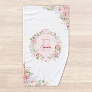 Monogram Watercolor Blush Pink Rose Flowers Floral Bath Towel Set