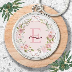 Monogram Watercolor Blush Pink Rose Flowers Floral Key Ring