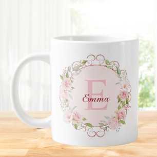 Monogram Watercolor Blush Pink Rose Flowers Floral Large Coffee Mug