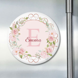 Monogram Watercolor Blush Pink Rose Flowers Floral Magnet
