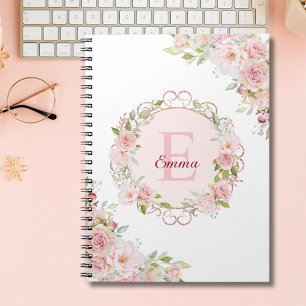 Monogram Watercolor Blush Pink Rose Flowers Floral Notebook