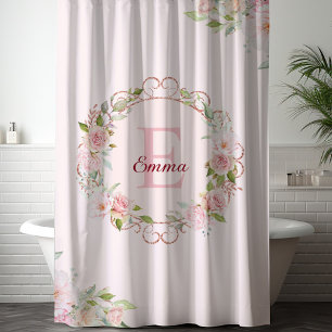 Monogram Watercolor Blush Pink Rose Flowers Floral Shower Curtain