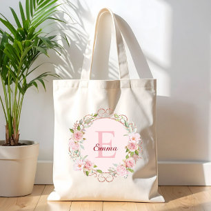 Monogram Watercolor Blush Pink Rose Flowers Floral Tote Bag