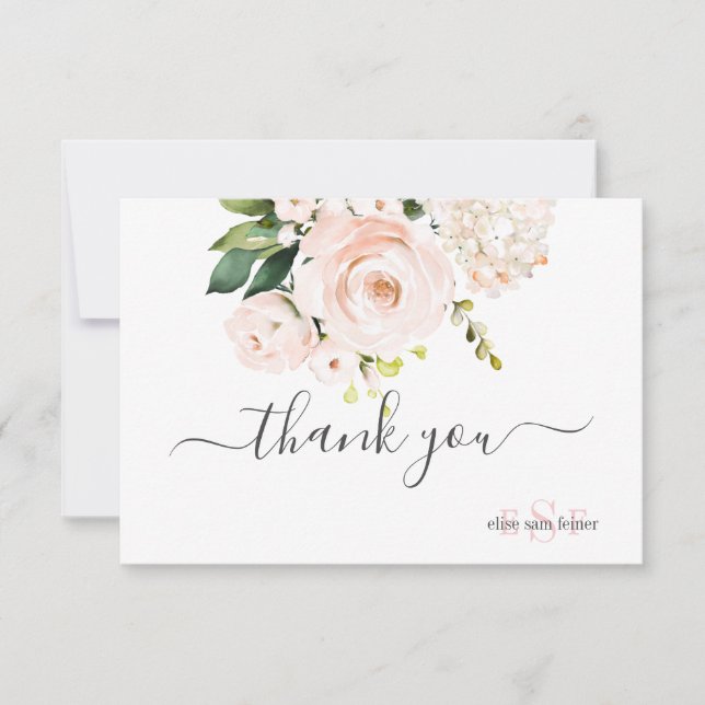 Monogram Watercolor Blush Pink Roses Hydrangea Thank You Card (Front)