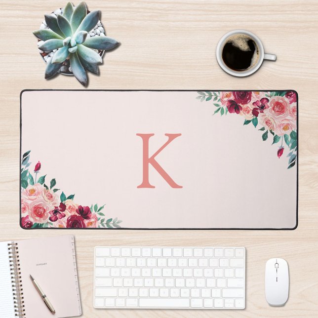 Monogram Watercolor Boho Pink Burgundy Floral  Desk Mat (In situ office desk)