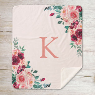 Monogram Watercolor Boho Pink Burgundy Rose Floral Sherpa Blanket