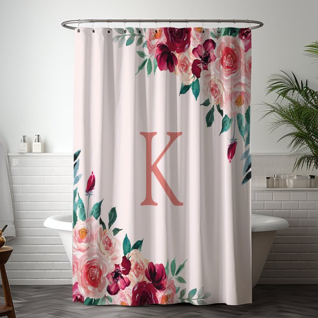 Monogram Watercolor Boho Pink Burgundy Rose Flower Shower Curtain (In situ bathroom)