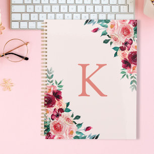 Monogram Watercolor Boho Pink Burgundy Rose Planner