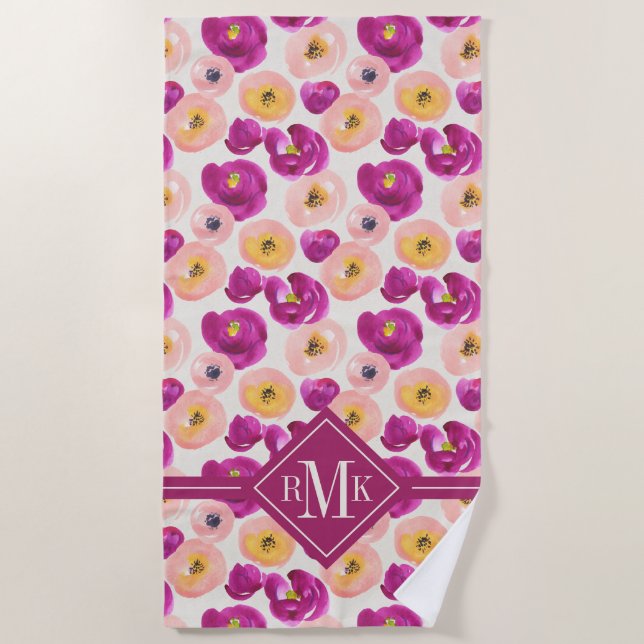 Monogram | Watercolor Botanical Pattern Beach Towel (Front)
