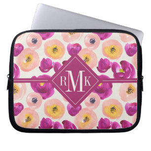 Monogram   Watercolor Botanical Pattern Laptop Sleeve