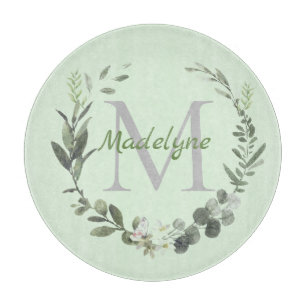Monogram Watercolor Botanical Wreath Family Name Cutting Board