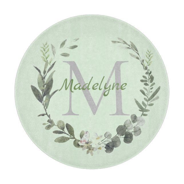  Monogram Watercolor Botanical Wreath Family Name Cutting Board (Front)