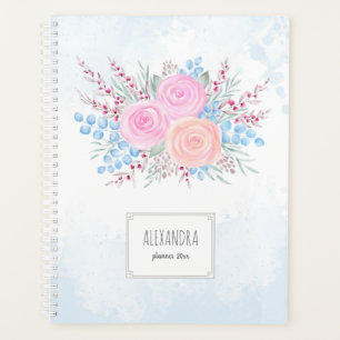 Monogram Watercolor Bouquet Pink Roses Blue Drops Planner