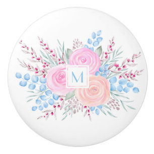 Monogram Watercolor Bouquet Pink Roses Blue Leaves Ceramic Knob