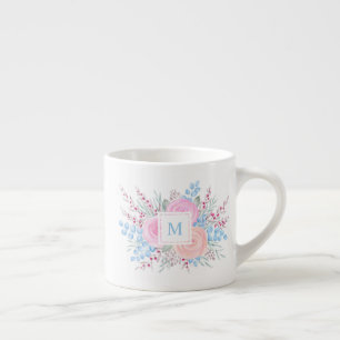 Monogram Watercolor Bouquet Pink Roses Blue Leaves Espresso Cup