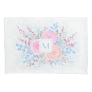 Monogram Watercolor Bouquet Pink Roses Blue Leaves Pillowcase