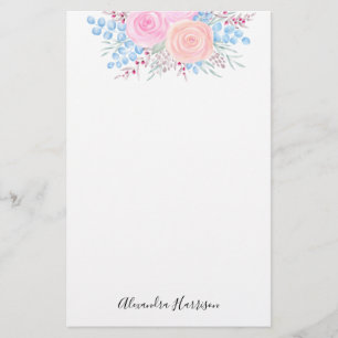 Monogram Watercolor Bouquet Pink Roses Blue Leaves Stationery