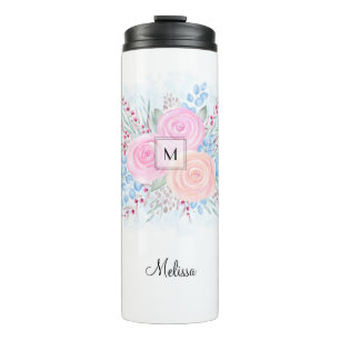 Monogram Watercolor Bouquet Pink Roses Blue Leaves Thermal Tumbler