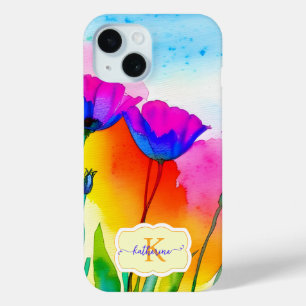 Monogram Watercolor Bright Floral Poppy Wildflower iPhone 15 Case