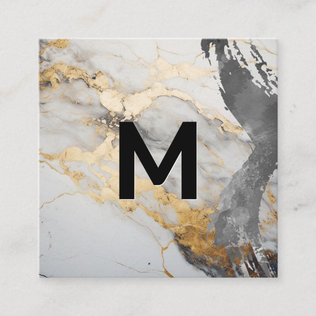 Monogram Watercolor brush | Gold Marble Square Business Card (Front)