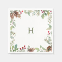 Monogram Watercolor Christmas Greenery Napkins