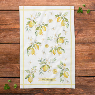 Monogram Watercolor Citrus Lemon Floral Botanical Tea Towel