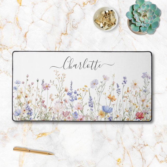 Monogram Watercolor Colourful Pretty Wildflower Desk Mat (In situ)