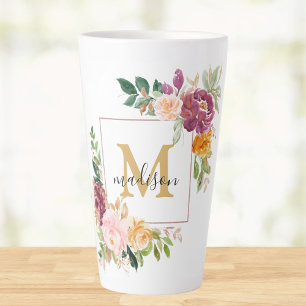 Monogram Watercolor Colourful Roses Flower Floral Latte Mug