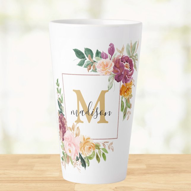 Monogram Watercolor Colourful Roses Flower Floral Latte Mug (In situ)