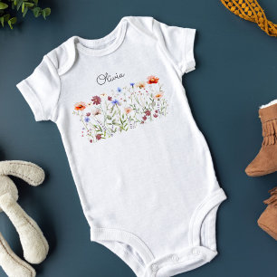 Monogram Watercolor Colourful Wildflower Meadow Baby Bodysuit