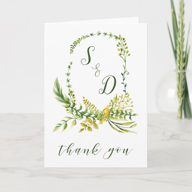 Monogram Watercolor Crest with Greenery Thank You (Front)
