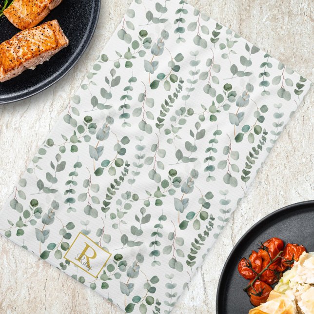 Monogram Watercolor Eucalyptus Floral Pattern Tea Towel (In situ Kitchen Table)