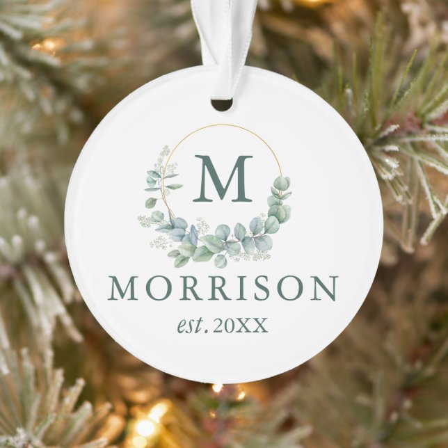Monogram Watercolor Eucalyptus Newlywed Ornament (Tree)