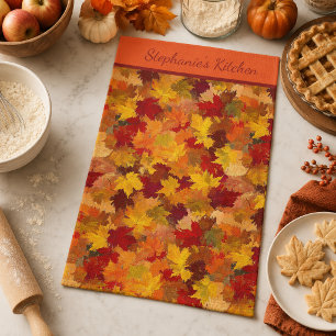 Monogram Watercolor Fall Leaves - Vintage Autumn Tea Towel