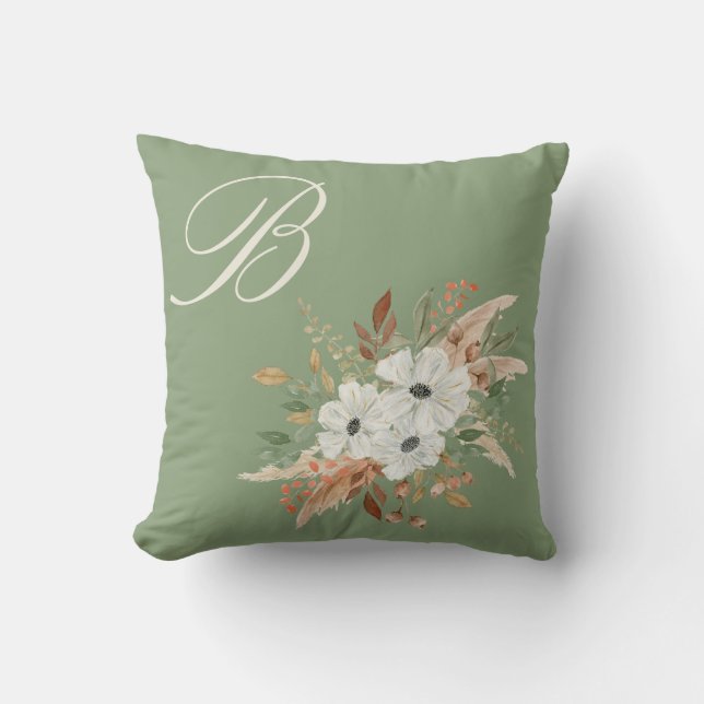 Monogram Watercolor Fall Winter Bouquet Cushion (Front)