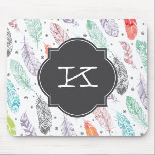 Monogram Watercolor Feather Pattern Mousepad