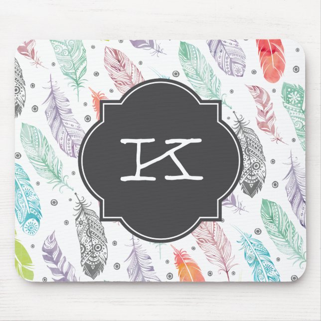 Monogram Watercolor Feather Pattern Mousepad (Front)