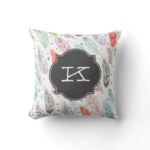 Monogram Watercolor Feather Pattern Pillow