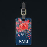 Monogram Watercolor Floral Blue Denim / Red Rose Luggage Tag<br><div class="desc">Luggage tag with watercolor floral blue denim and red rose flowers, monogram initial(s)/name, and address information on a navy blue background. Personalise with your monogram initial(s)/name, name, and address information using the easy templates. Font colour, font style, font size, and navy blue background colour are customisable. Perfect for any travel...</div>