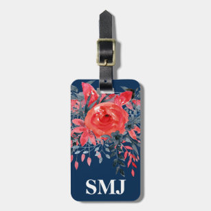 Monogram Watercolor Floral Blue Denim / Red Rose Luggage Tag