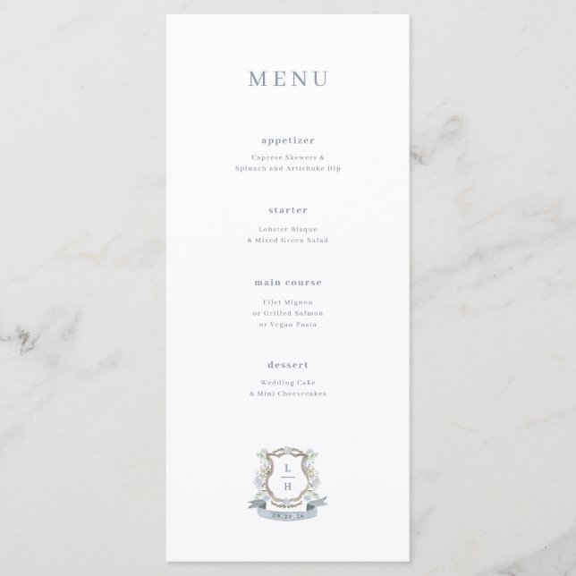 Monogram Watercolor Floral Crest Wedding Menu (Front)