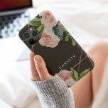 Monogram Watercolor Floral Dark Green iPhone 15 Pro Case<br><div class="desc">Personalise this beautiful floral watercolor case with your name that has a rose gold geometric frame in the background.</div>