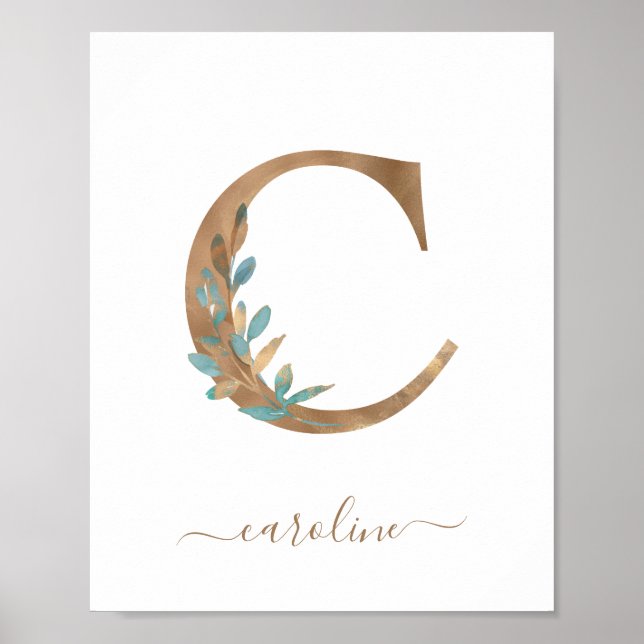 Monogram Watercolor Floral Gold Letter C Poster (Front)