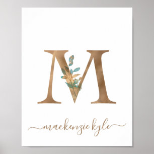 Monogram Watercolor Floral Gold Letter M Poster