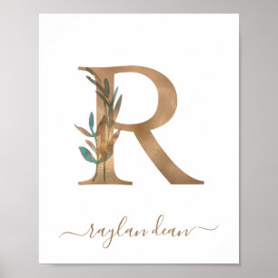 Monogram Watercolor Floral Gold Letter R Poster
