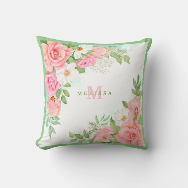 Monogram Watercolor Floral Greenery Pink Rose Cushion (Front)
